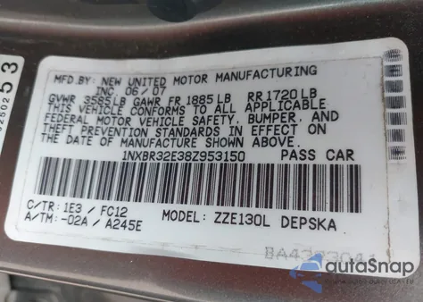 2008 Toyota Corolla S z USA, uszkodzony, nr VIN 1NXBR32E38Z953150